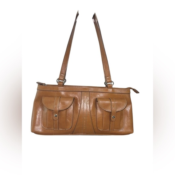 Minicci Camel Brown‎ Y2K Leather Shoulder Bag Purse Outside Pockets 13”x 6” - Picture 1 of 6